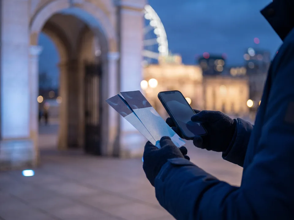 Viajante segura ingressos e um celular em frente a uma atração.