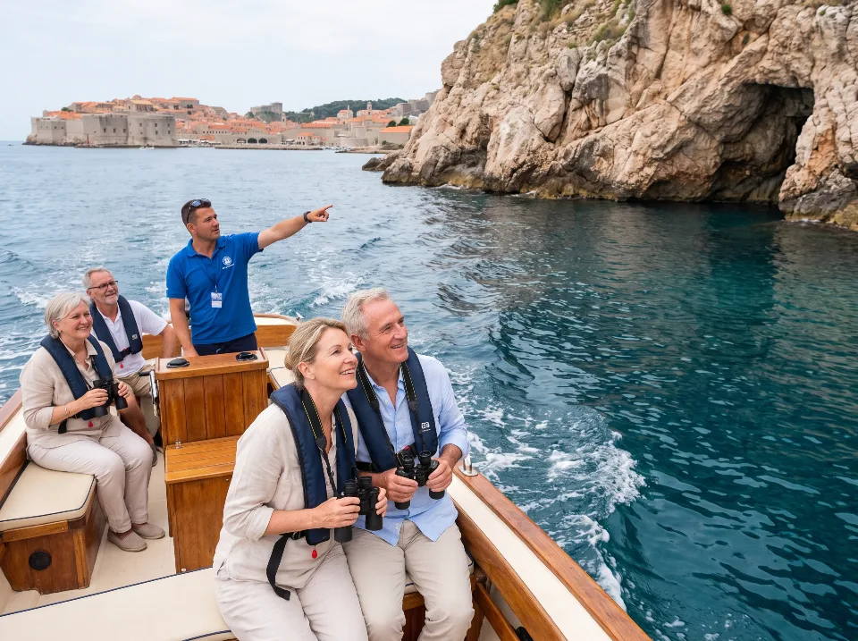Viajantes acompanham um guia em um passeio de barco junto à costa.