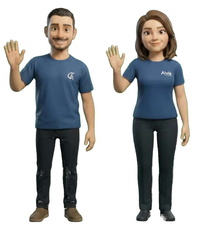 Os dois personagens da Alvia sorrindo e acenando.